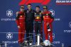 MIAMI, FLORIDA - MAY 08: Race winner Max Verstappen of the Netherlands and Oracle Red Bull Racing, Second placed Charles Leclerc of Monaco and Ferrari and Third placed Carlos Sainz of Spain and Ferrari celebrate on the podium during the F1 Grand Prix of Miami at the Miami International Autodrome on May 08, 2022 in Miami, Florida. (Photo by Chris Graythen/Getty Images) // Getty Images / Red Bull Content Pool // SI202205090032 // Usage for editorial use only //